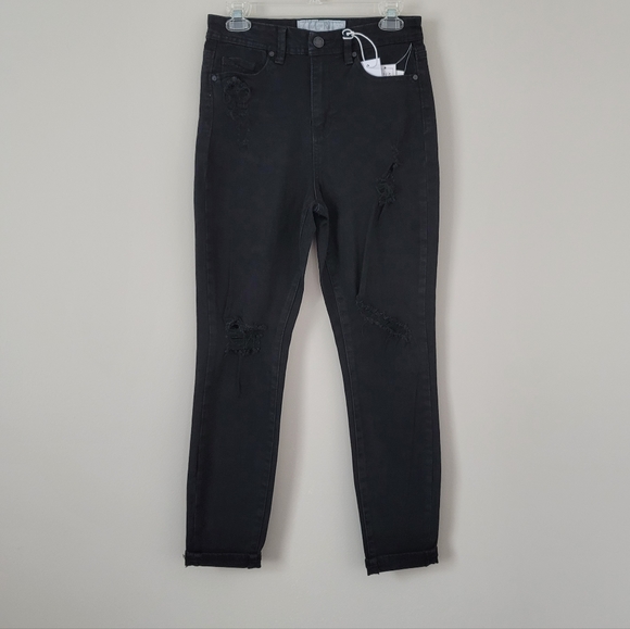 NWT Size 9/28 INDIGO REIN Black Denim Super High Rise Ripped Skinny Ankle Jeans - Picture 1 of 6